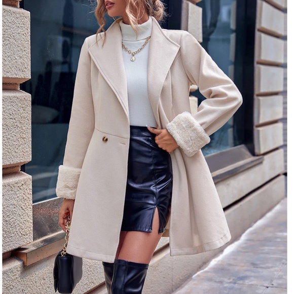 Classic Vegan Fur Double breasted Flared Hem Jacket Coat - Picture 5 of 11